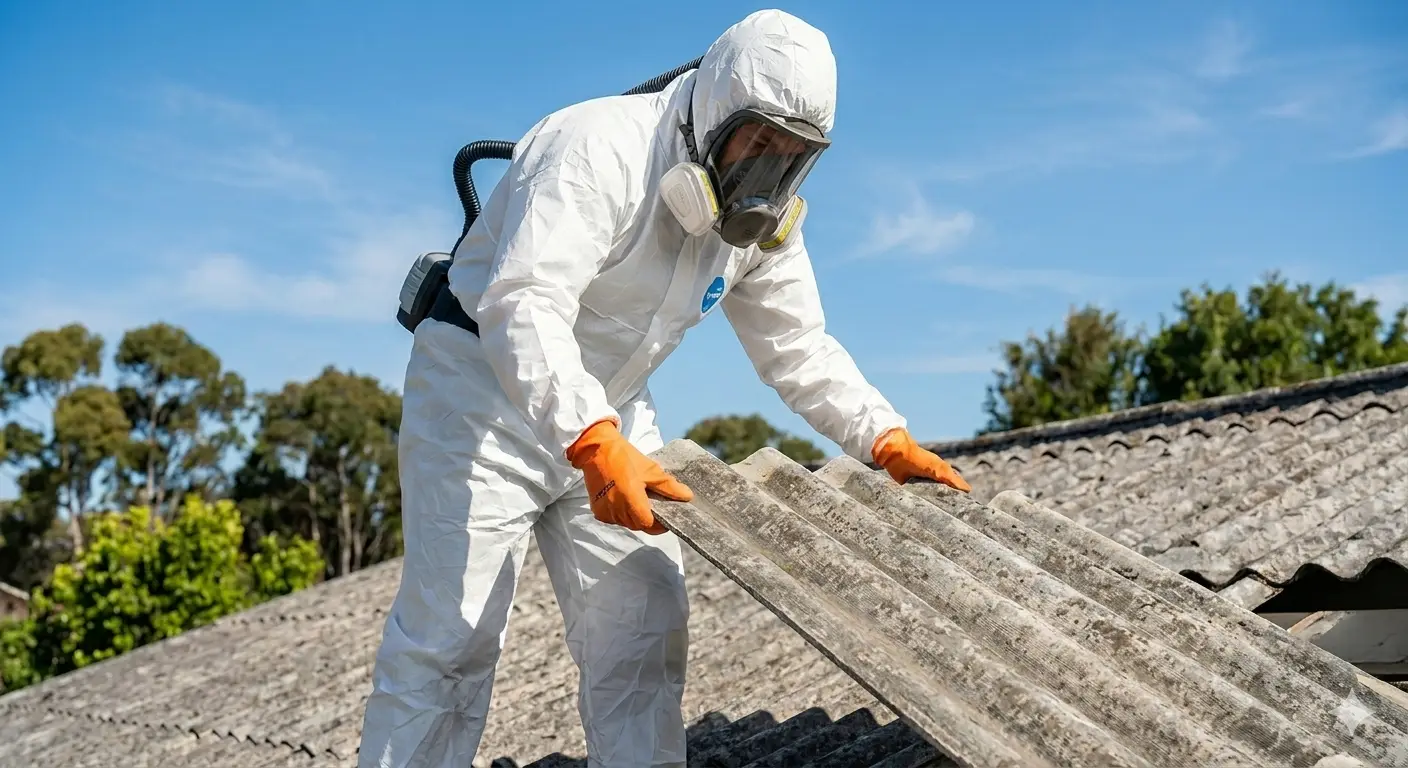 Técnico certificado realizando eliminación segura de asbesto con equipo de protección