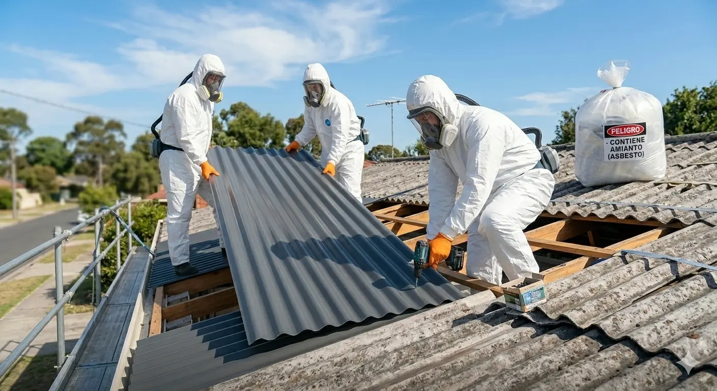 Techo antiguo con planchas de asbesto previo a su retiro profesional